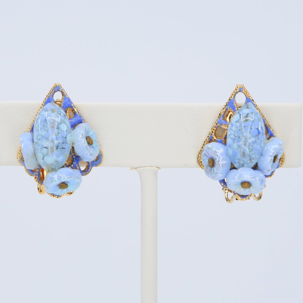 Vintage Hobé Blue Iridescent & Speckled Art Glass‎ Floral Clip On Earrings 1950s